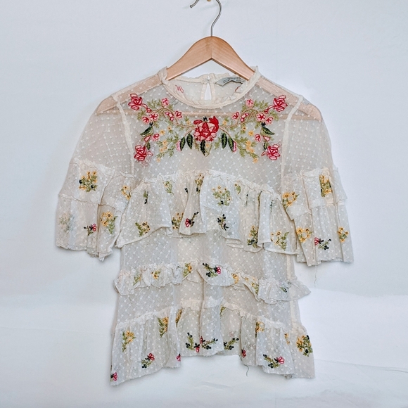 Zara Tops - Zara Floral Lace Embroidered Sheer Blouse